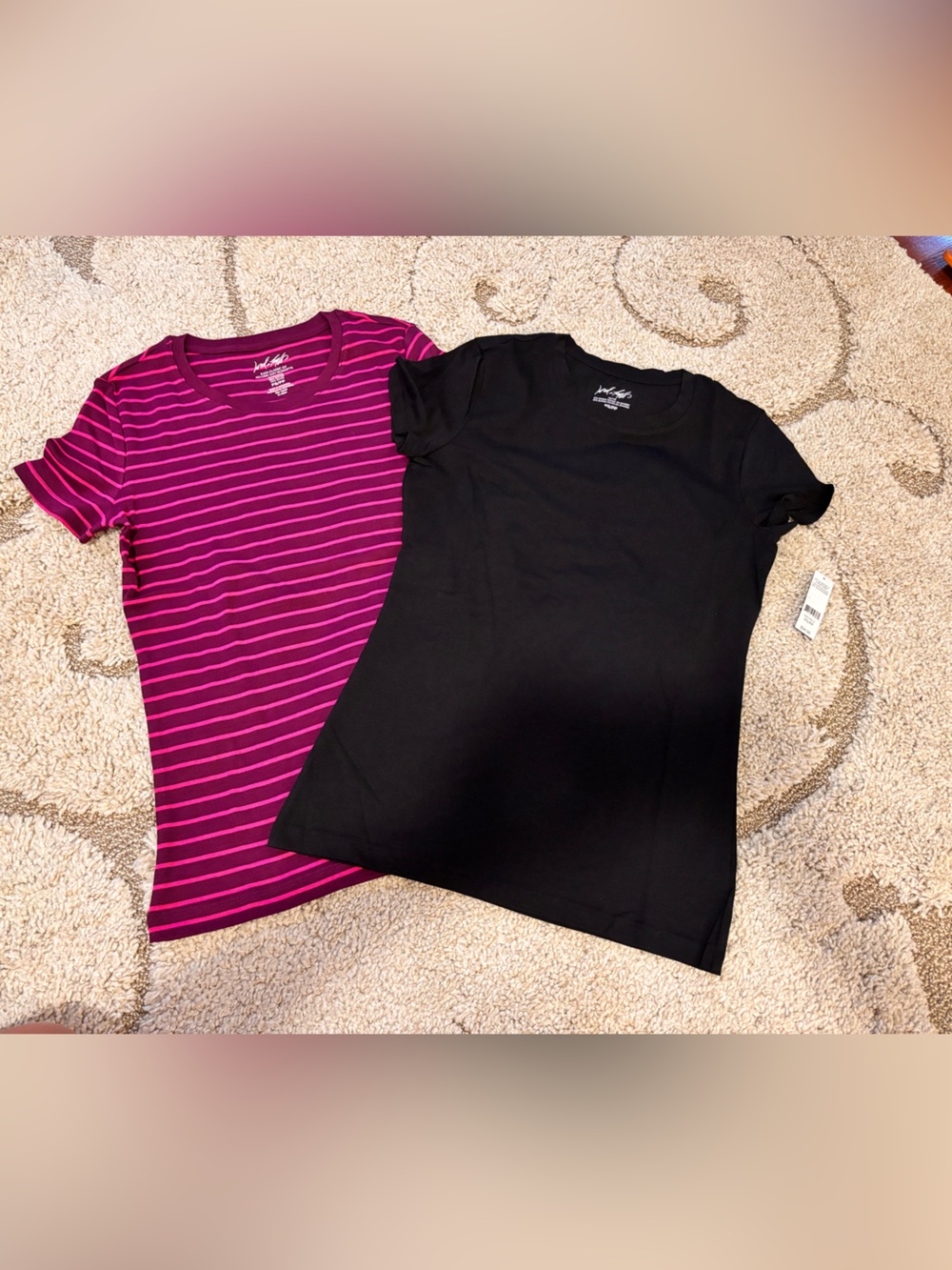 Lord & Taylor Black Short-Sleeve Crew Tee and Pink Striped Tee